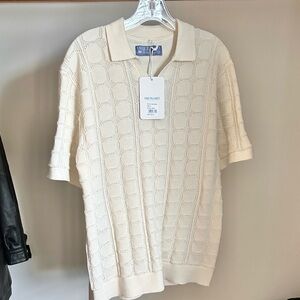 Free Planet Textured Cream Polo Shirt off white knit crochet